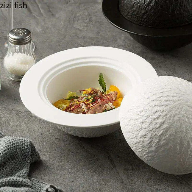 Elegant Artisan Ceramic Bowl Set with Lid and Rock Texture for Gourmet Dining