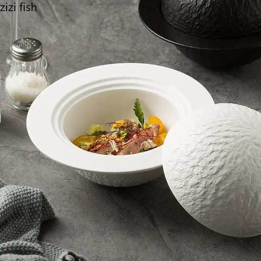 Artisanal Ceramic Bowl Set with Rock Texture Lid