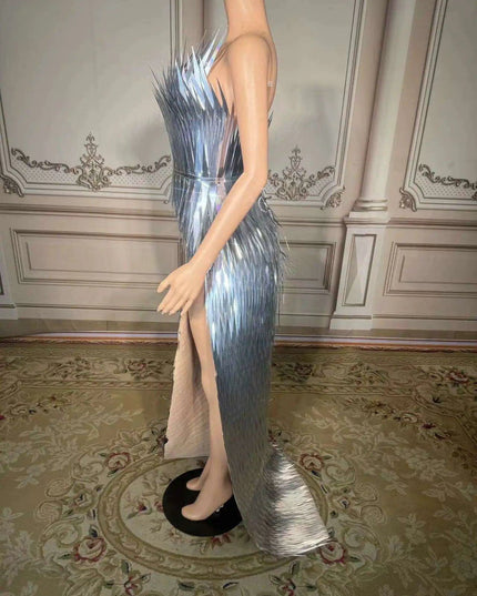Stunning Silver Sequin Mermaid Gown with Deep V Neck and High Side Slit for Glamorous Nights