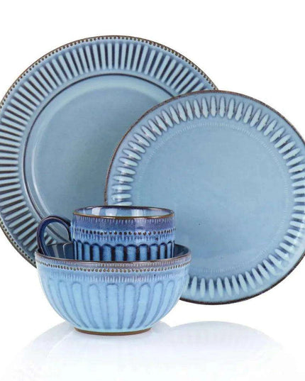 Artisan Blue Haze 16-Piece Stoneware Dinnerware Set - Unique Reactive Glaze with Distinctive Color Variations