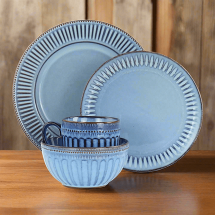 Artisan Blue Haze 16-Piece Stoneware Dinnerware Set - Unique Reactive Glaze with Distinctive Color Variations