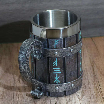 Viking-Inspired Stainless Steel Mug with Artistic Resin Design