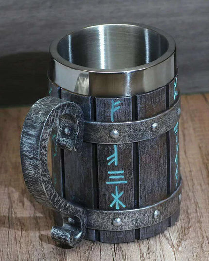 Viking-Inspired Stainless Steel Mug with Artistic Resin Design