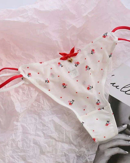 Charming Women's Sheer T-Back Thongs with Playful Strawberry and Cherry Print - Low-Waisted Seamless Sexy Underwear