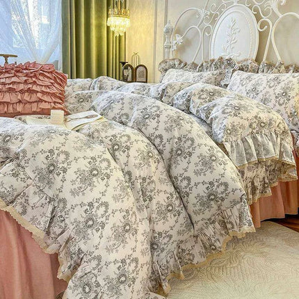 Charming Vintage Floral Lace Cotton Bedding Set with Ruffled Skirt and Matching Pillowcases