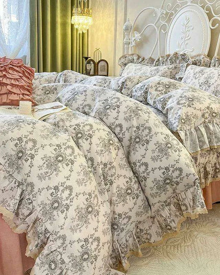 Elegant Vintage Floral Ruffled Cotton Bedding Collection with Skirt and Pillowcases
