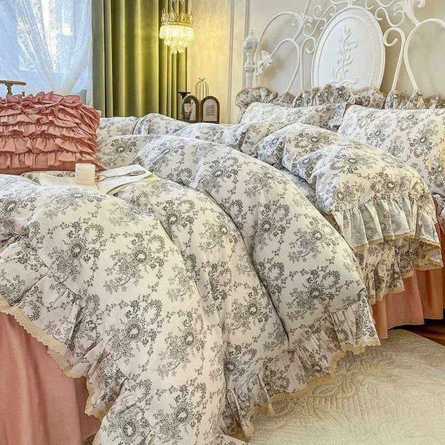 Elegant Vintage Floral Ruffled Cotton Bedding Collection with Skirt and Pillowcases