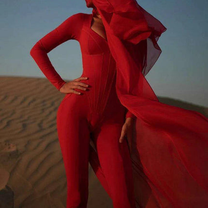 Chic Striped Long Sleeve Women's Jumpsuit with Deep V Neck and Zipper Closure