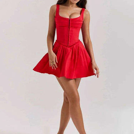 Elegant Backless Red Mini Dress for Women - Stylish Square Neck Corset A-line Party Attire