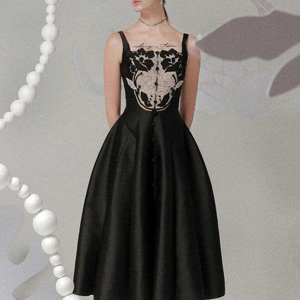 Satin Embroidered Pleated Evening Dress