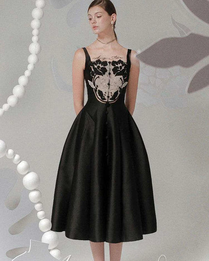 Satin Embroidered Pleated Evening Dress