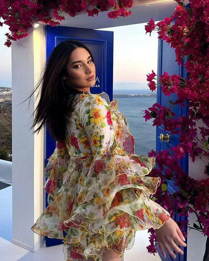 Bohemian Summer Floral V-Neck Dress with Ruffles