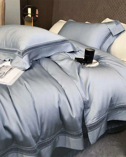 Sumptuous 1000TC Egyptian Cotton Bedding Ensemble with Elegant Hollow Lace - Duvet Cover, Flat & Fitted Sheets, Pillowcases for Queen & King Beds