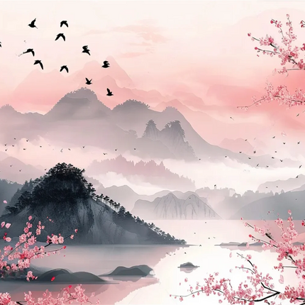 Mountain Lake Cherry Blossom 3D Mural Wallpaper
