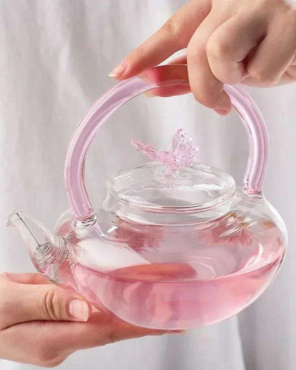 Elegant 700ml Clear Pink Iris Pyrex Teapot - The Perfect Addition to Your Tea Ceremony