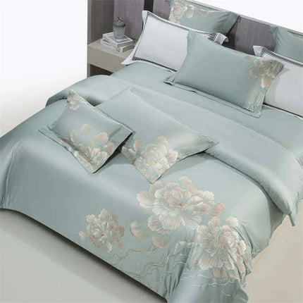Elegant Floral Embroidered 1400TC Egyptian Cotton 4-Piece Duvet Cover and Sheet Set with Pillowcases