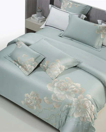 Elegant Floral Embroidered 1400TC Egyptian Cotton 4-Piece Duvet Cover and Sheet Set with Pillowcases