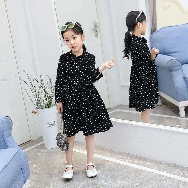 Delightful Polka Dot Chiffon Long Sleeve Dress for Little Girls - Ideal for Spring/Summer Festivities