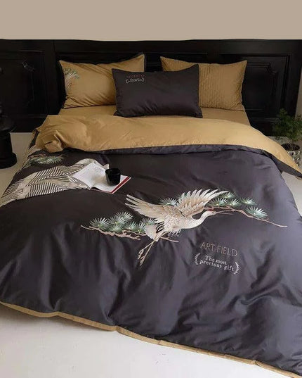 Exquisite Pine Crane Embroidered Luxury Egyptian Cotton Bedding Set with Duvet Cover and Sheets