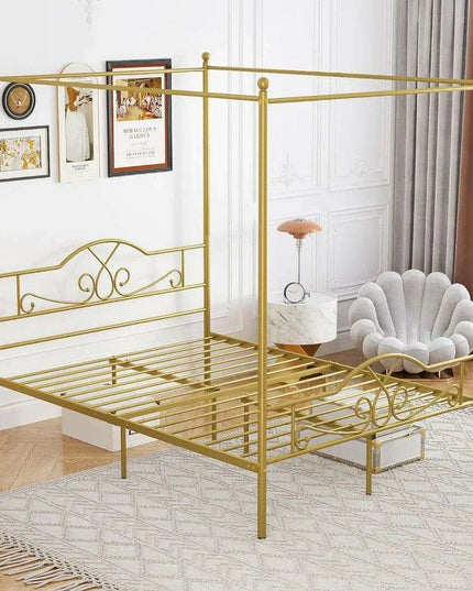 Elegant Metal Canopy Bed Frame with Four Posters and Storage Solutions