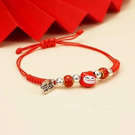 Fortune Bringer Lucky Cat Adjustable Bracelet - Handmade Red Accessory for Positive Energy