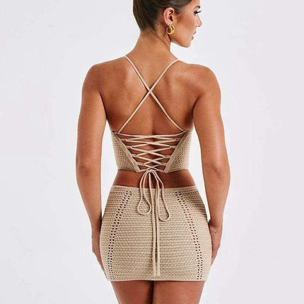 Backless Lace-Up Knitted Crop Top and Mini Skirt Set for Women - Elegant Club Outfit