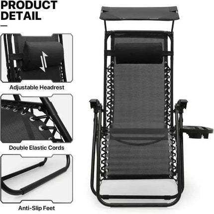 Sleek Black Mesh Reclining Lounge Chair with Adjustable Headrest and Convenient Side Tray - Perfect for Outdoor Relaxation