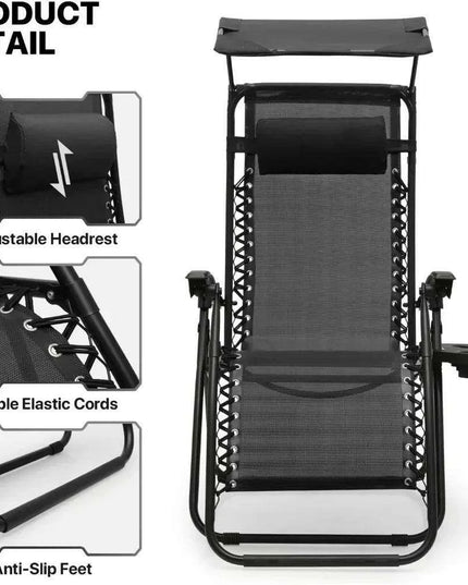 Sleek Black Mesh Reclining Lounge Chair with Adjustable Headrest and Convenient Side Tray - Perfect for Outdoor Relaxation