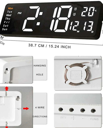 Large LED Digital Wall Clock with Calendar, Dual Alarms, and Temperature Display for Bedroom and Living Room
