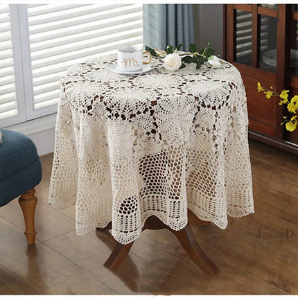Nordic Lace Crochet Tablecloth — Elegant Pastoral Table Cover, Round