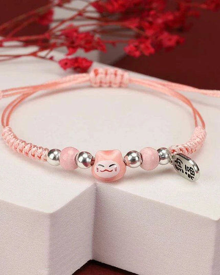 Fortune Bringer Lucky Cat Adjustable Bracelet - Handmade Red Accessory for Positive Energy
