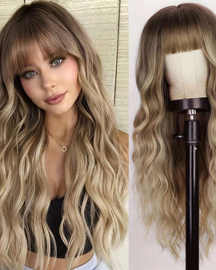 30-Inch Brown Wavy Synthetic Wig with Bangs - Perfect for Parties and Themed Events