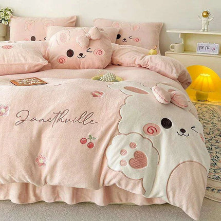 Charming Pink Bunny Applique Fleece Bedding Set - Duvet Cover, Fitted Sheet, Bed Skirt & Pillowcases