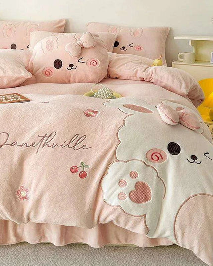 Charming Pink Bunny Applique Fleece Bedding Set - Duvet Cover, Fitted Sheet, Bed Skirt & Pillowcases