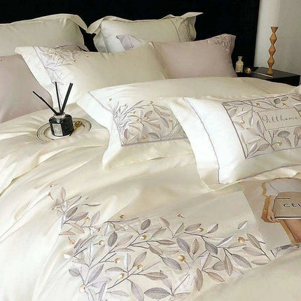 Luxury 1000TC Egyptian Cotton Bedding Set with Leaf Embroidery