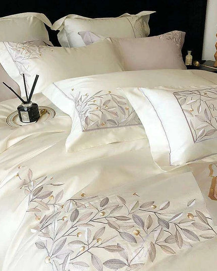 Luxury 1000TC Egyptian Cotton Bedding Set with Leaf Embroidery