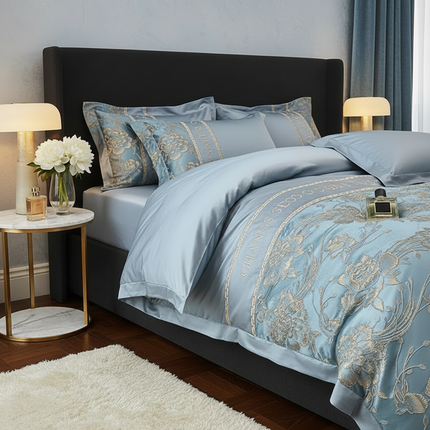 Decrohome Luxury Cotton Bedding Set - Embroidered Quilt Cover & Sheets