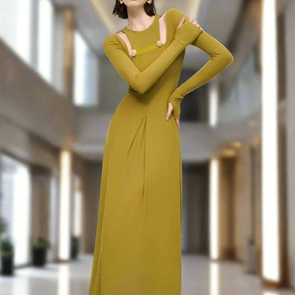 Elegant Hollow-Out Sequined Dress - Sophisticated Slim Pleated O-neck Autumn Party Dress