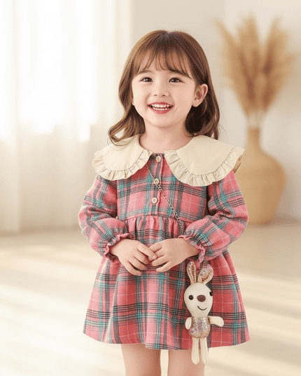 Festive Plaid Christmas Dress for Girls 9 Months to 3 Years with Cute Rabbit Accents