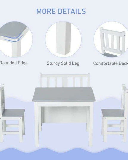 Stylish Grey and White Children's Table Set with Storage Bench and Two Chairs - Ideal for Imaginative Play and Learning Activities