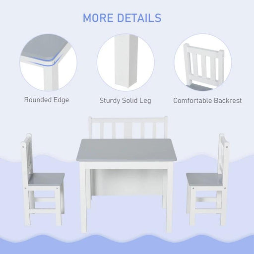 Stylish Grey and White Children's Table Set with Storage Bench and Two Chairs - Ideal for Imaginative Play and Learning Activities