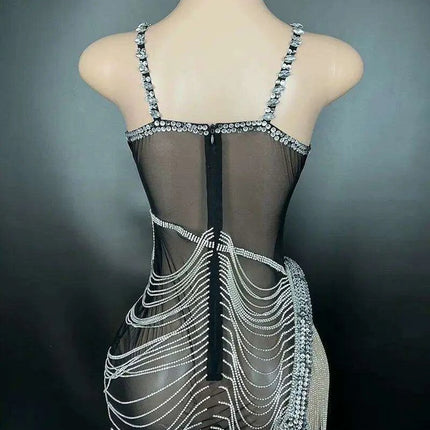 Sparkling Black Rhinestone Mini Dress with Playful Fringe