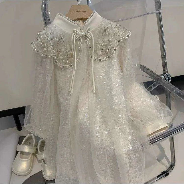 Autumn Princess: Glamorous Sequin Qipao Gown for Girls