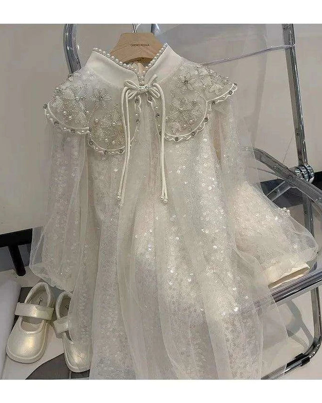 Autumn Princess: Glamorous Sequin Qipao Gown for Girls