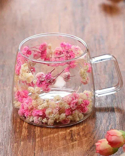 Insulated Double Wall Glass Cup with Dried Flowers - Creative Tea, Coffee, and Milk Mug with Handle