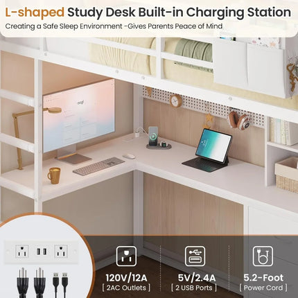 Full Loft Bed with L-Shaped Desk, Bookshelf & Charging Station, Metal Full Size with 6 Drawers, LED Lights, White full-loft-bed-with-l-shaped-desk-bookshelf-charging-station-metal-full-size-with-6-drawers-led-lights-white