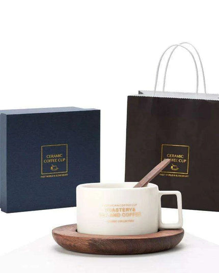 Classic American Elegance: Ceramic Coffee Mug Set with Walnut Holder and Gift Box