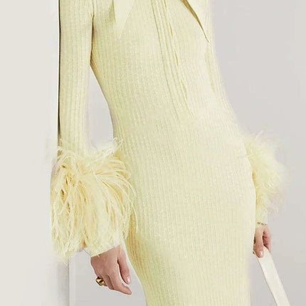 Sophisticated Women's Feathered Ankle-Length Dress with Stylish Lapel Sleeves for Autumn 2024