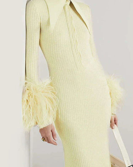 Sophisticated Women's Feathered Ankle-Length Dress with Stylish Lapel Sleeves for Autumn 2024