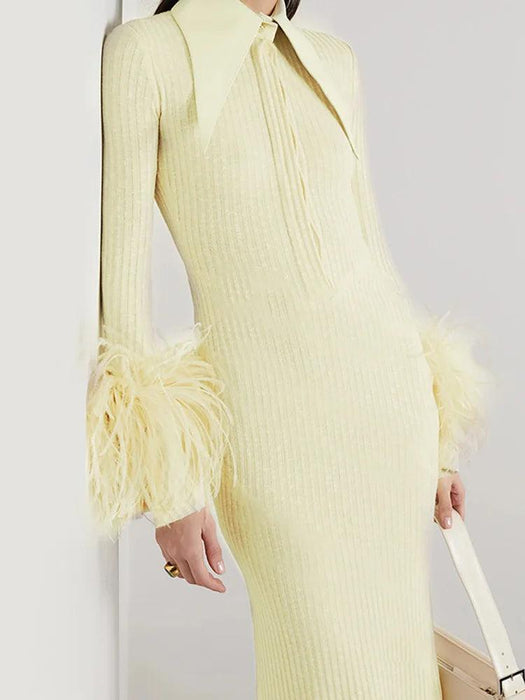 Sophisticated Women's Feathered Ankle-Length Dress with Stylish Lapel Sleeves for Autumn 2024